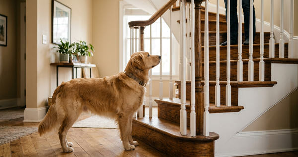Golden retriever hesitating at bottom of stairs — early sign of joint discomfort in dogs