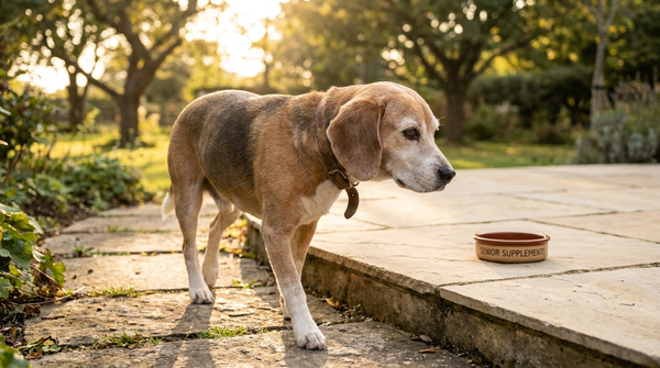 Senior beagle walking lean on garden path