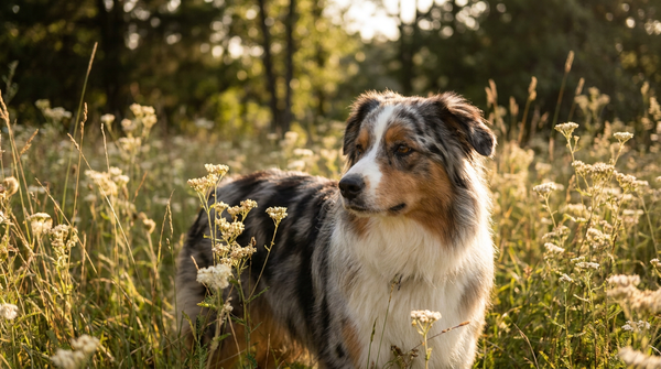 Australian shepherd showing calming signal in park