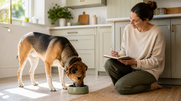 Healthy dog during a calm daily wellness routine while its owner records observations
