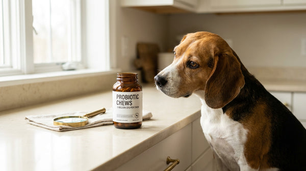 Beagle examining CFU count on supplement label