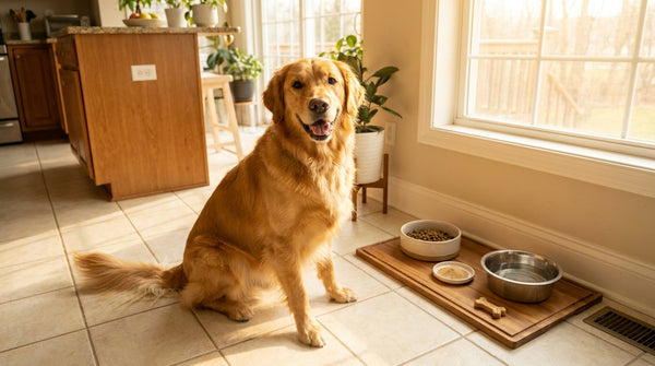 Golden retriever with complete morning gut routine setup