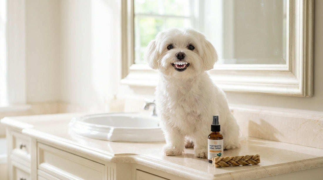 Maltese with oral postbiotic spray and dental chew