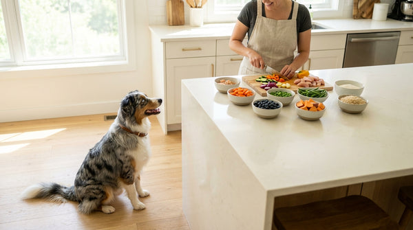 Australian shepherd watching fresh meal preparation