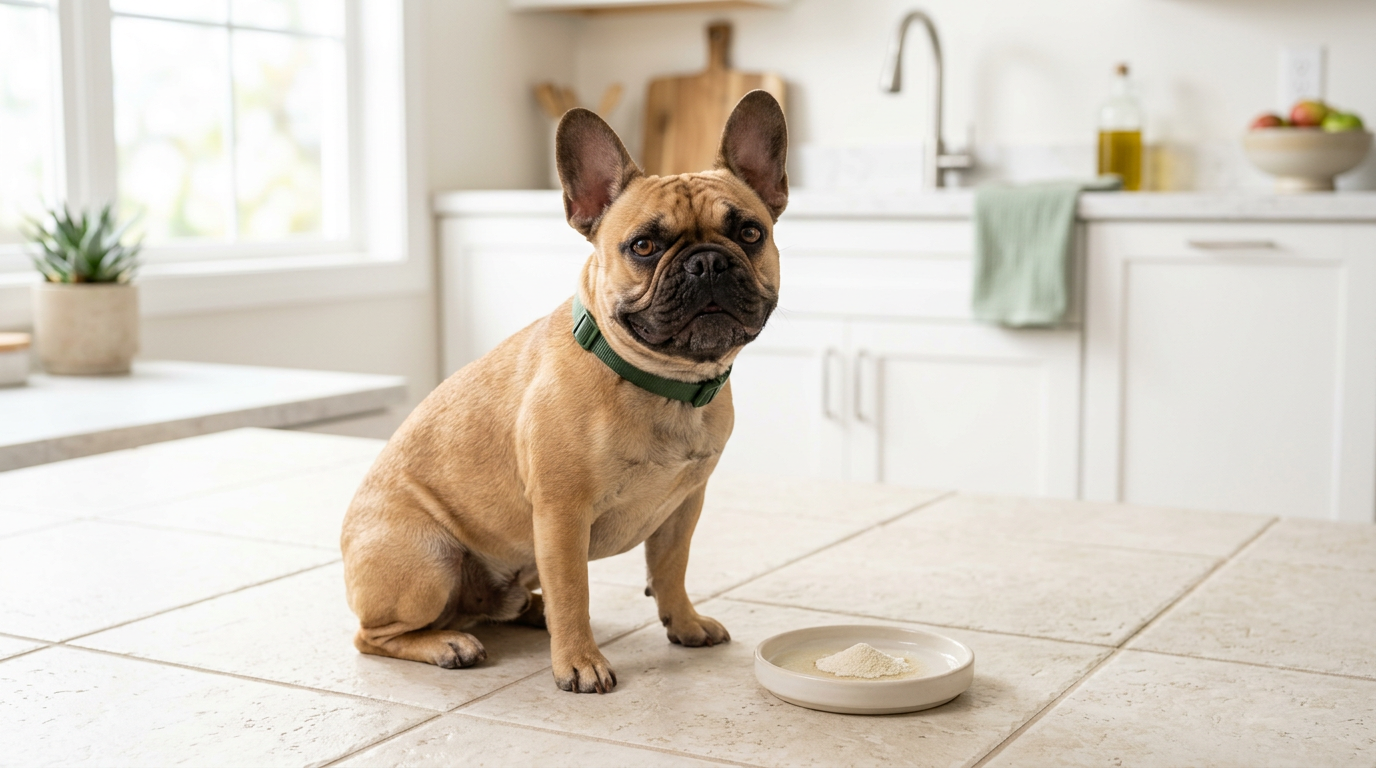 French bulldog with probiotic supplement dish