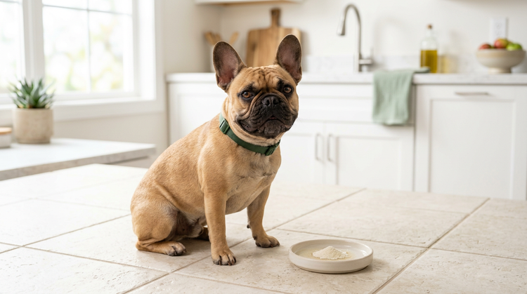 French bulldog with probiotic supplement dish