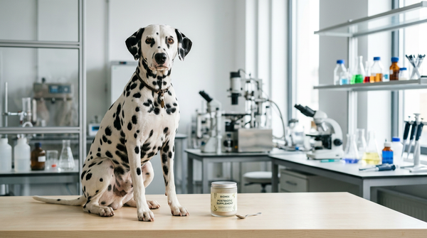 Dalmatian in lab setting with postbiotic supplement
