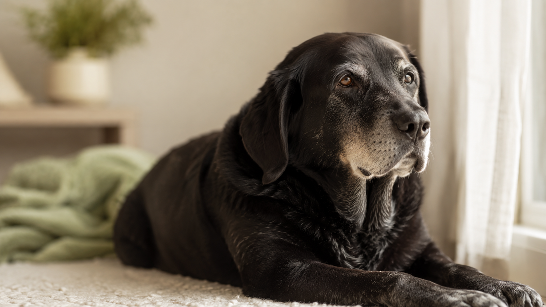 A dignified grey-muzzled senior Labrador resting serenely in warm window light, illustrating how dog supplement needs change from puppy to senior years