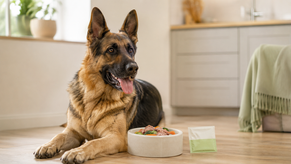 Healthy adult German Shepherd resting beside a fresh meal bowl and a Plentum supplement sachet in a bright calm kitchen, representing German Shepherd gut and digestive health