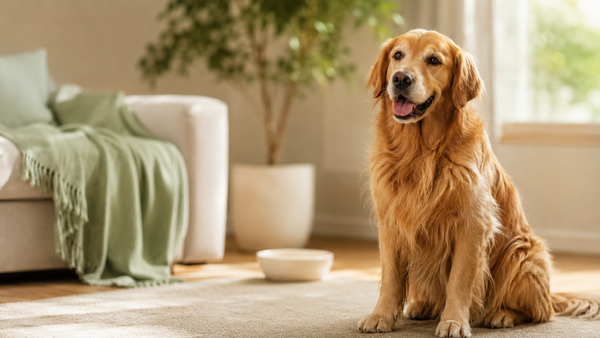 Healthy happy Golden Retriever sitting alert in a warm sunlit home, illustrating common Golden Retriever health issues every owner should know