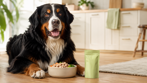 Healthy Bernese Mountain Dog beside a fresh meal and supplement in a bright kitchen, illustrating the gut-brain axis in dogs