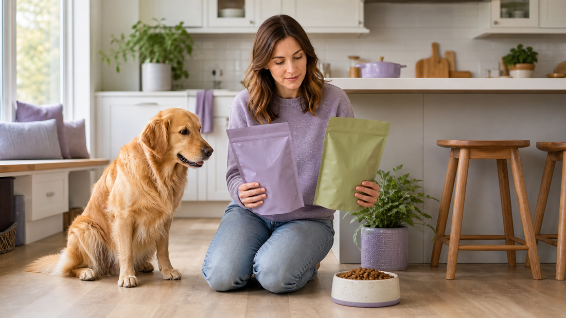 Dog beside a bowl of food while an owner compares dog food labels