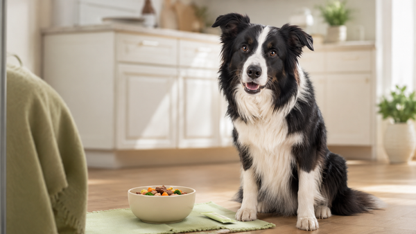 Border Collie sitting beside a kibble bowl in a bright calm kitchen, illustrating gut health for Border Collies