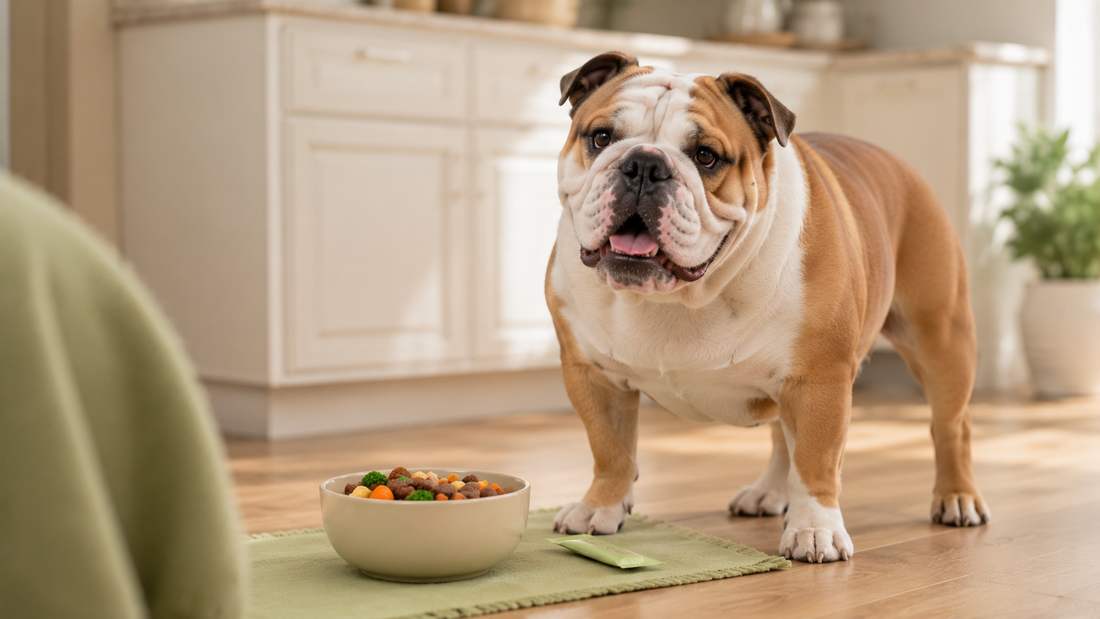 English Bulldog standing beside a kibble bowl in a bright calm kitchen, illustrating gut health supplements for Bulldogs