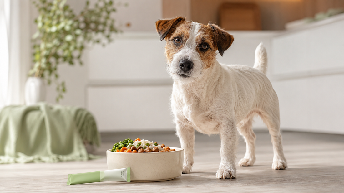 Jack Russell Terrier beside a bowl of fresh gut-healthy food in a bright kitchen