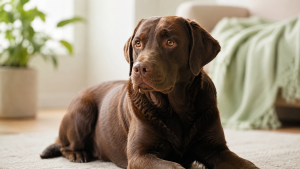 Chocolate Labrador resting calmly in a warm home, Halloween safety for dogs