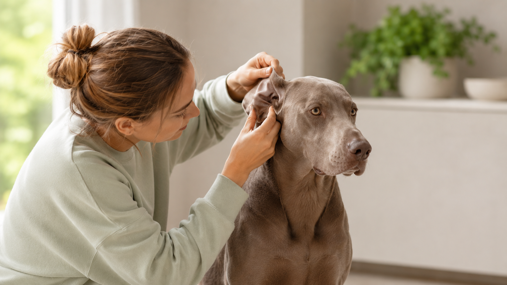 Owner gently checking a Weimaraner's ear at home with attentive care — heartworm prevention and the gut-health stack