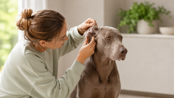 Owner gently checking a Weimaraner's ear at home with attentive care — heartworm prevention and the gut-health stack