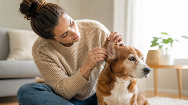 Person gently checking a dog's ear at home