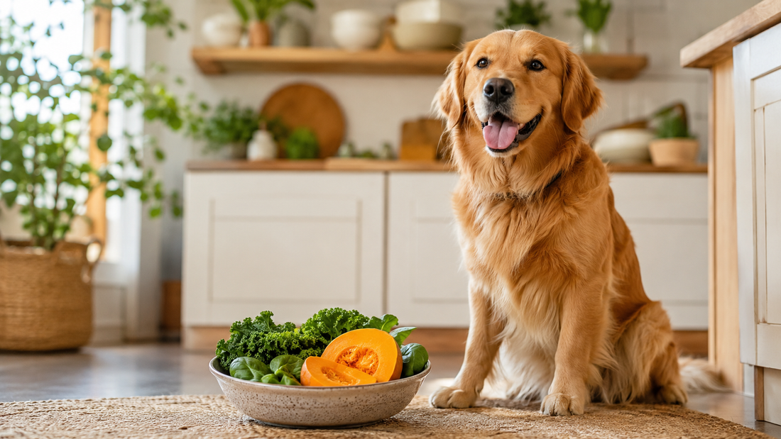Dog beside a bowl of pumpkin and leafy greens