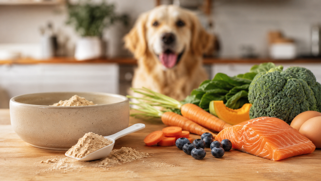 Dog supplement powder in a bowl on a kitchen counter