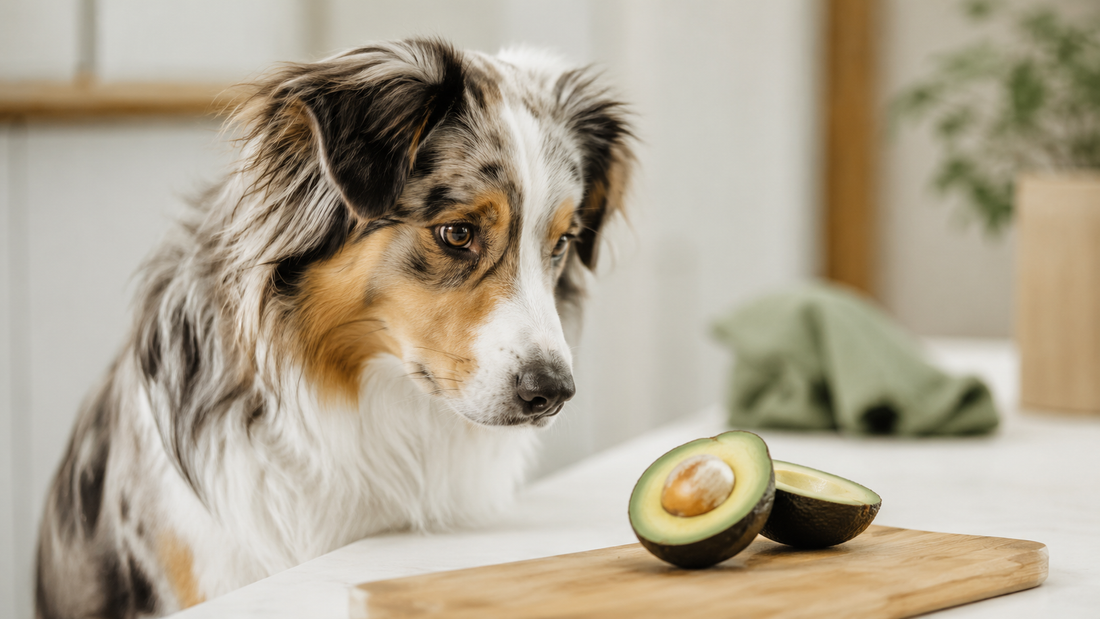 Australian Shepherd looking curiously at a halved avocado showing the pit on a kitchen counter