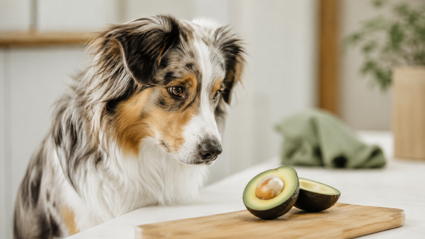 Australian Shepherd looking curiously at a halved avocado showing the pit on a kitchen counter