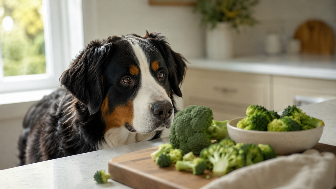 Bernese Mountain Dog looking curiously at broccoli florets on a kitchen counter