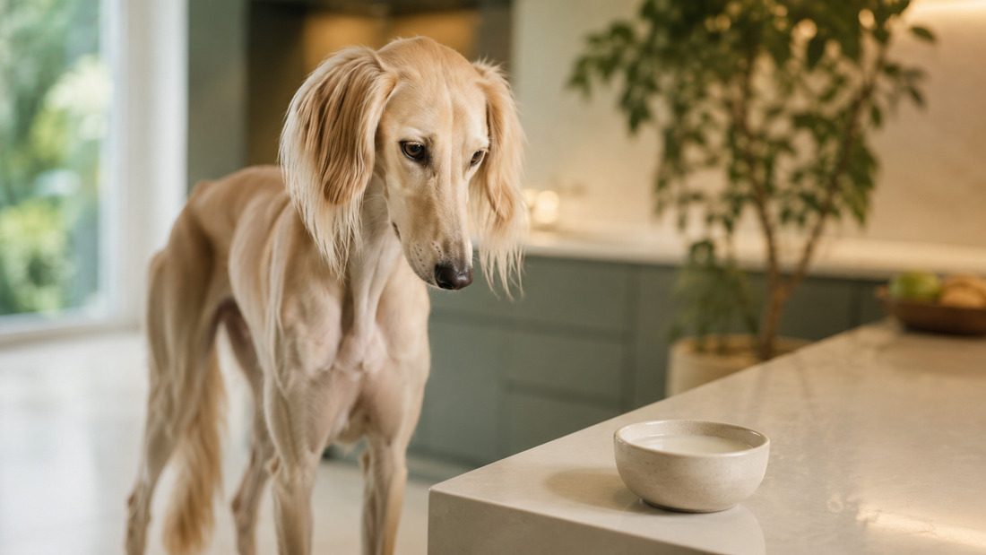 Elegant Saluki dog looking curiously at a small bowl of milk on a kitchen counter