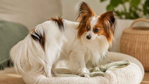 Papillon dog turning on a cozy dog bed before settling down in a warm home