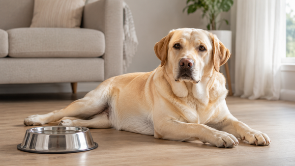 Yellow Labrador Retriever resting calmly on a clean floor near its water bowl, recovering from digestive discomfort