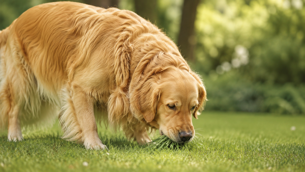 Golden Retriever eating grass in a sunlit garden