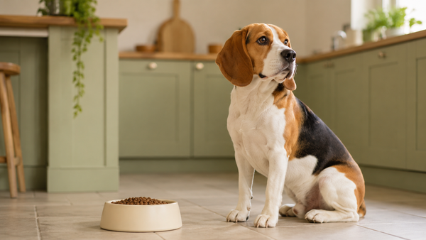 Beagle sitting beside a food bowl in a bright sage-green kitchen
