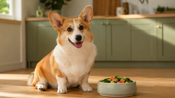 Pembroke Welsh Corgi sitting beside a fresh food bowl in a bright calm kitchen, representing dog gut microbiome health