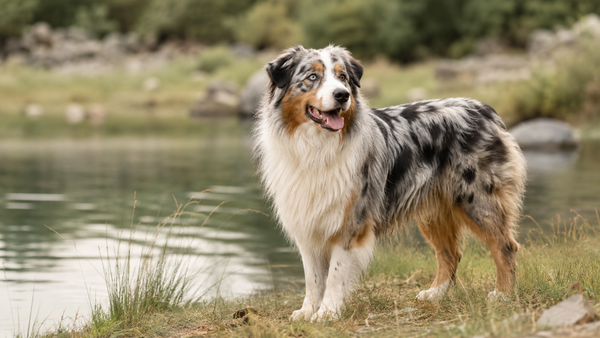 Australian Shepherd with a bright glossy merle coat standing near a calm lake outdoors