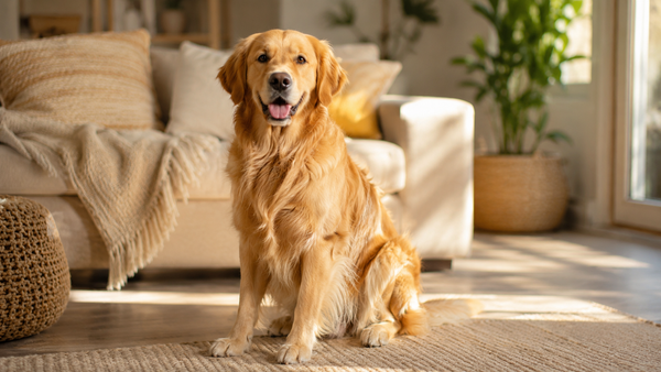 Golden Retriever sitting in a warm sunlit living room