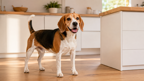 Healthy Beagle dog in a bright modern kitchen