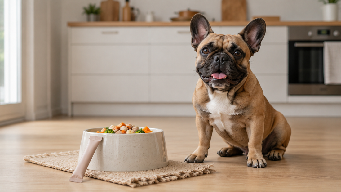 French Bulldog sitting beside a fresh food bowl with a Plentum supplement sachet in a bright calm kitchen, highlighting probiotic benefits for the breed