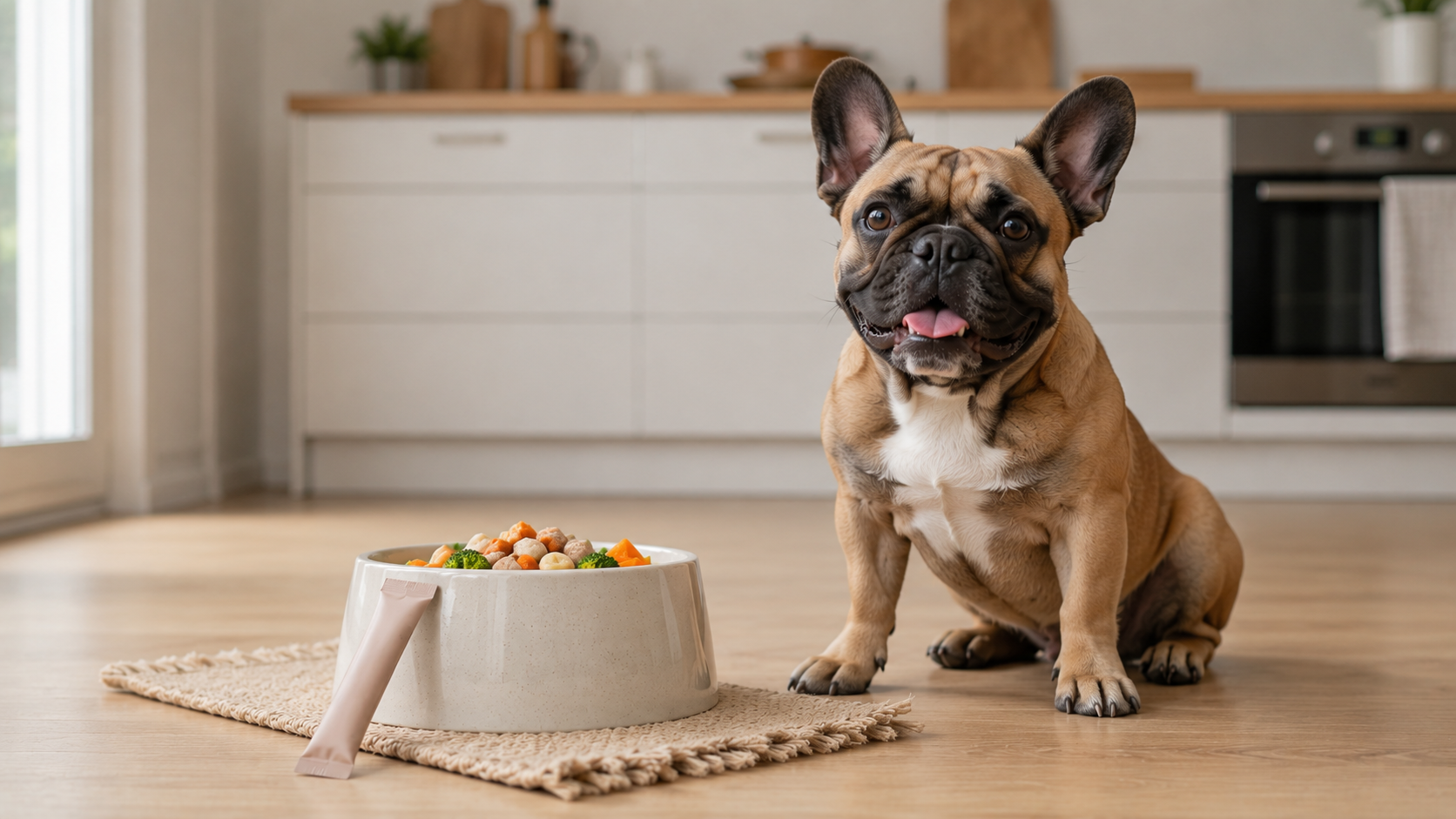 French Bulldog sitting beside a fresh food bowl with a Plentum supplement sachet in a bright calm kitchen, highlighting probiotic benefits for the breed