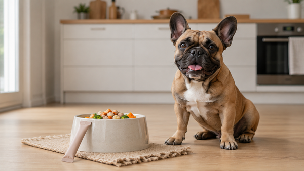 French Bulldog sitting beside a fresh food bowl with a Plentum supplement sachet in a bright calm kitchen, highlighting probiotic benefits for the breed