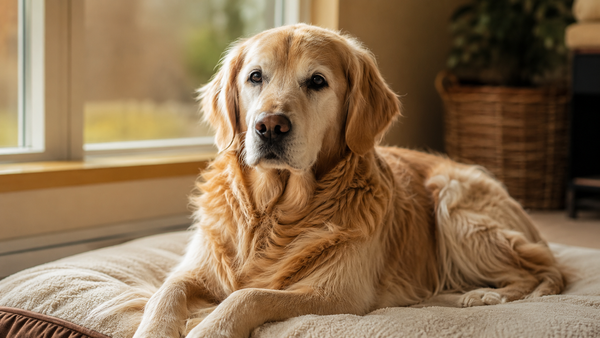 An older Golden Retriever resting comfortably on a cushioned bed indoors in soft window light, calm and dignified
