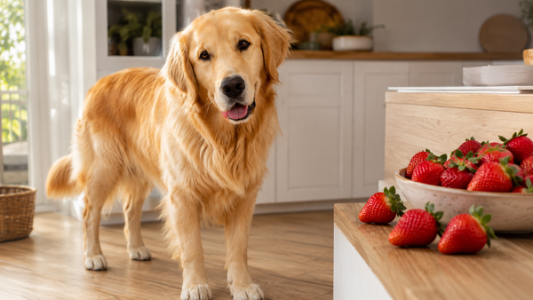 Golden Retriever dog in a bright kitchen beside fresh strawberries
