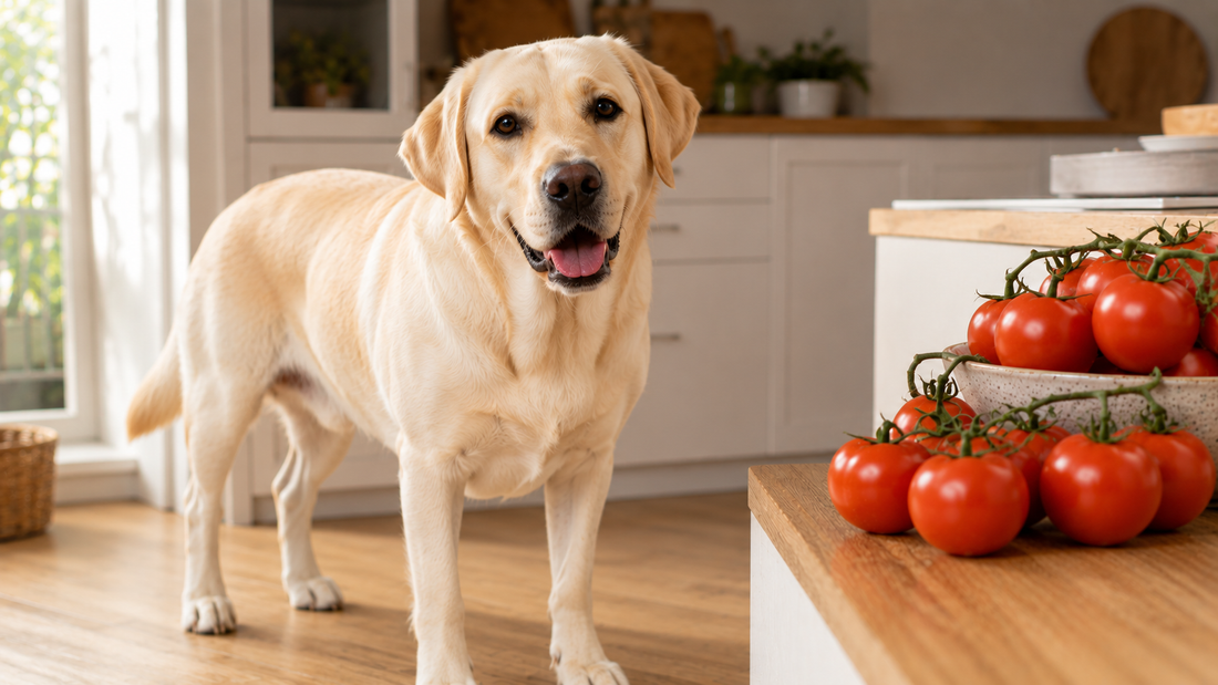 Labrador dog in a bright kitchen beside fresh tomatoes on the vine
