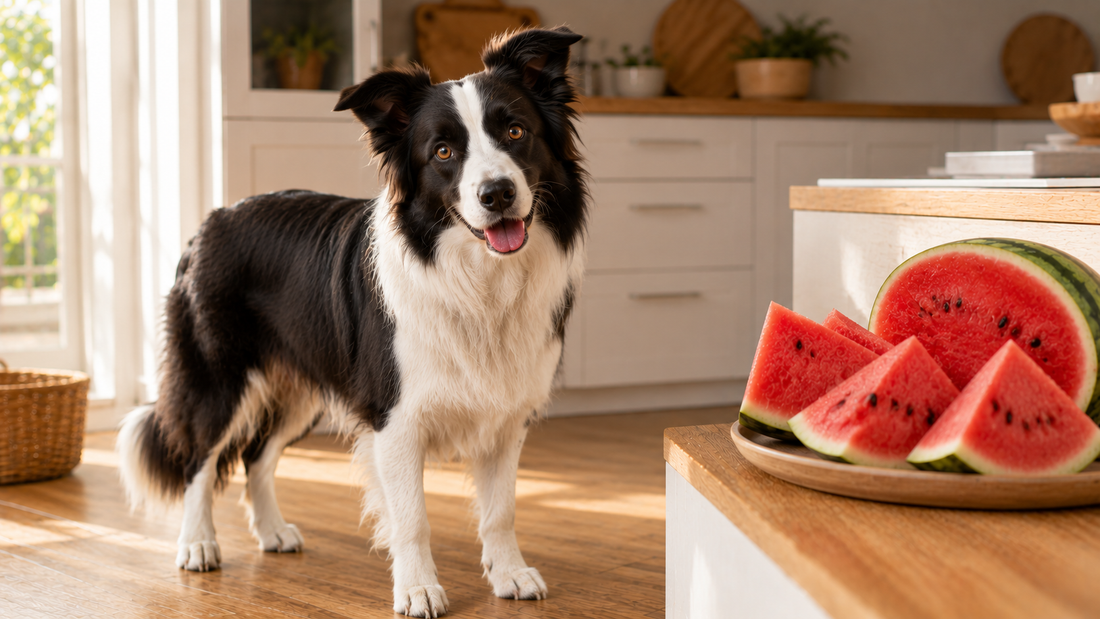 Border Collie dog in a bright kitchen beside fresh watermelon slices