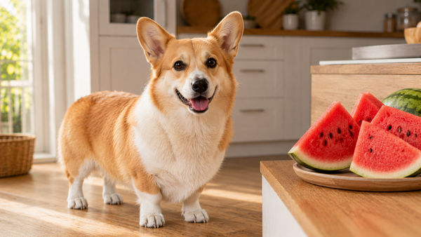 Corgi dog in a bright kitchen beside fresh watermelon slices