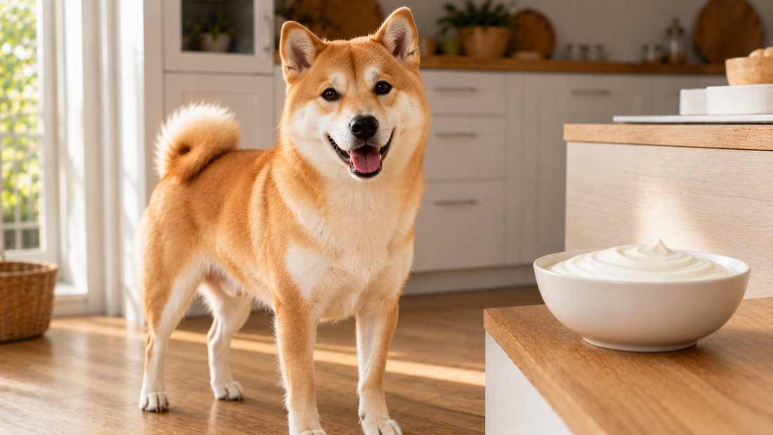 Shiba Inu dog in a bright kitchen beside a bowl of plain yogurt