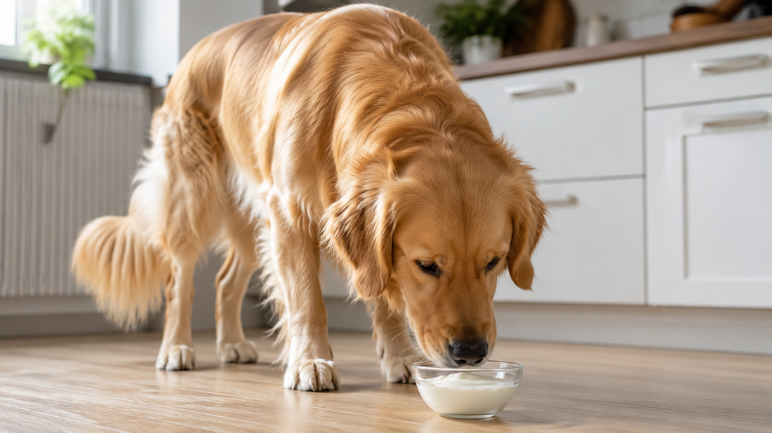 A Golden Retriever curiously sniffing a small bowl of yogurt on a kitchen floor in bright natural light