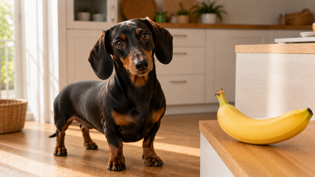 Dachshund dog in a bright kitchen beside a ripe banana