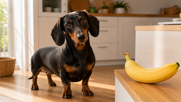 Dachshund dog in a bright kitchen beside a ripe banana