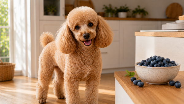 Poodle dog in a bright kitchen beside a bowl of fresh blueberries